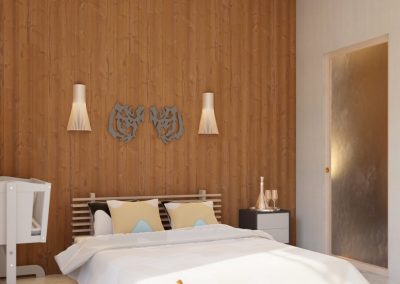 Moderni aasialaiseen ja skandinaaviseen tyyliin sisustettu makuuhuone, jossa puiset seinät